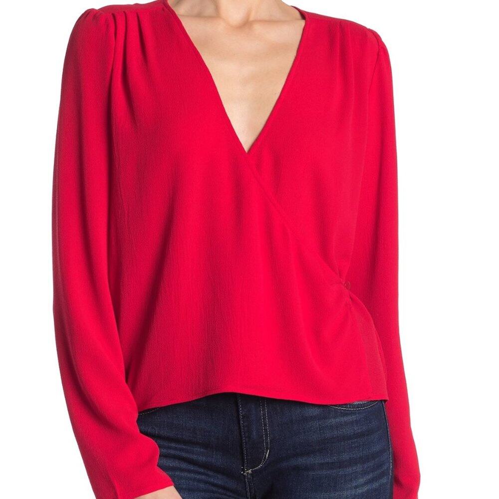 FREE PRESS Red Puff Sleeve Wrap Blouse XS NWT Long Sleeve
